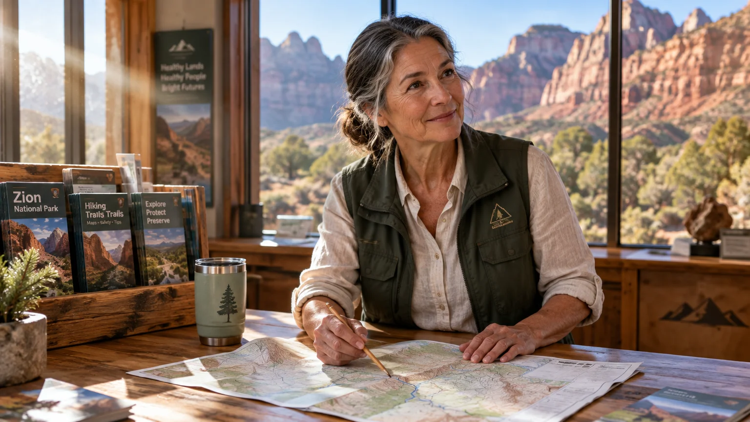 Mature woman in a green vest reviews a topographical map at a visitor desk with red rock canyon mountains out the window.