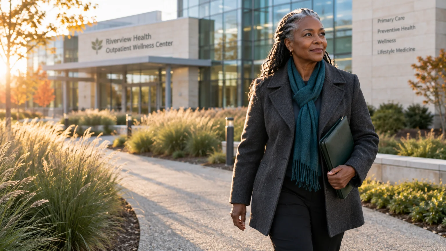 A mature woman in a coat and teal scarf carries a folder along a walkway outside a wellness center at sunrise.