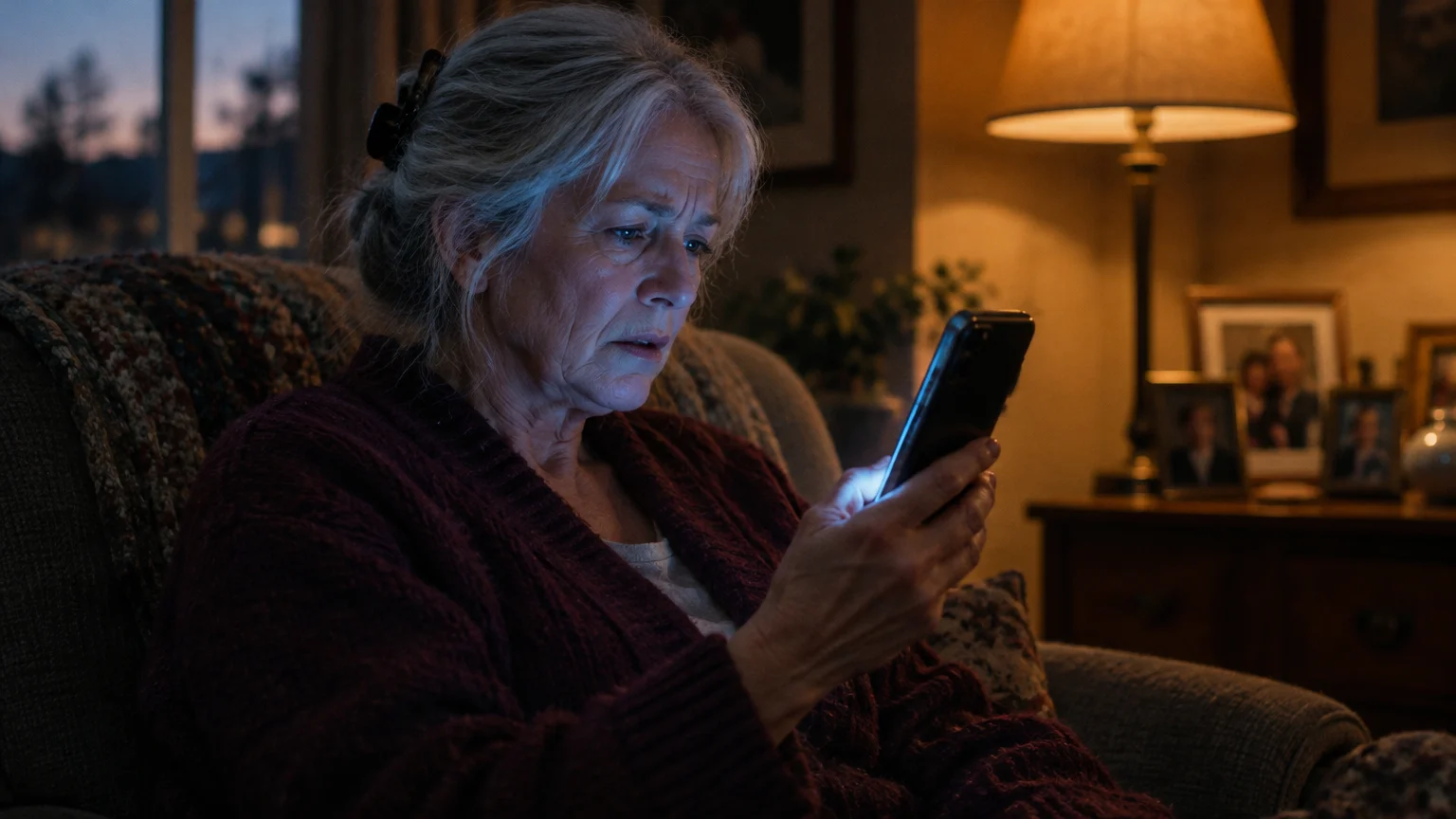 An older woman with gray hair sits in an armchair in dim lighting, looking concerned at her glowing smartphone screen.