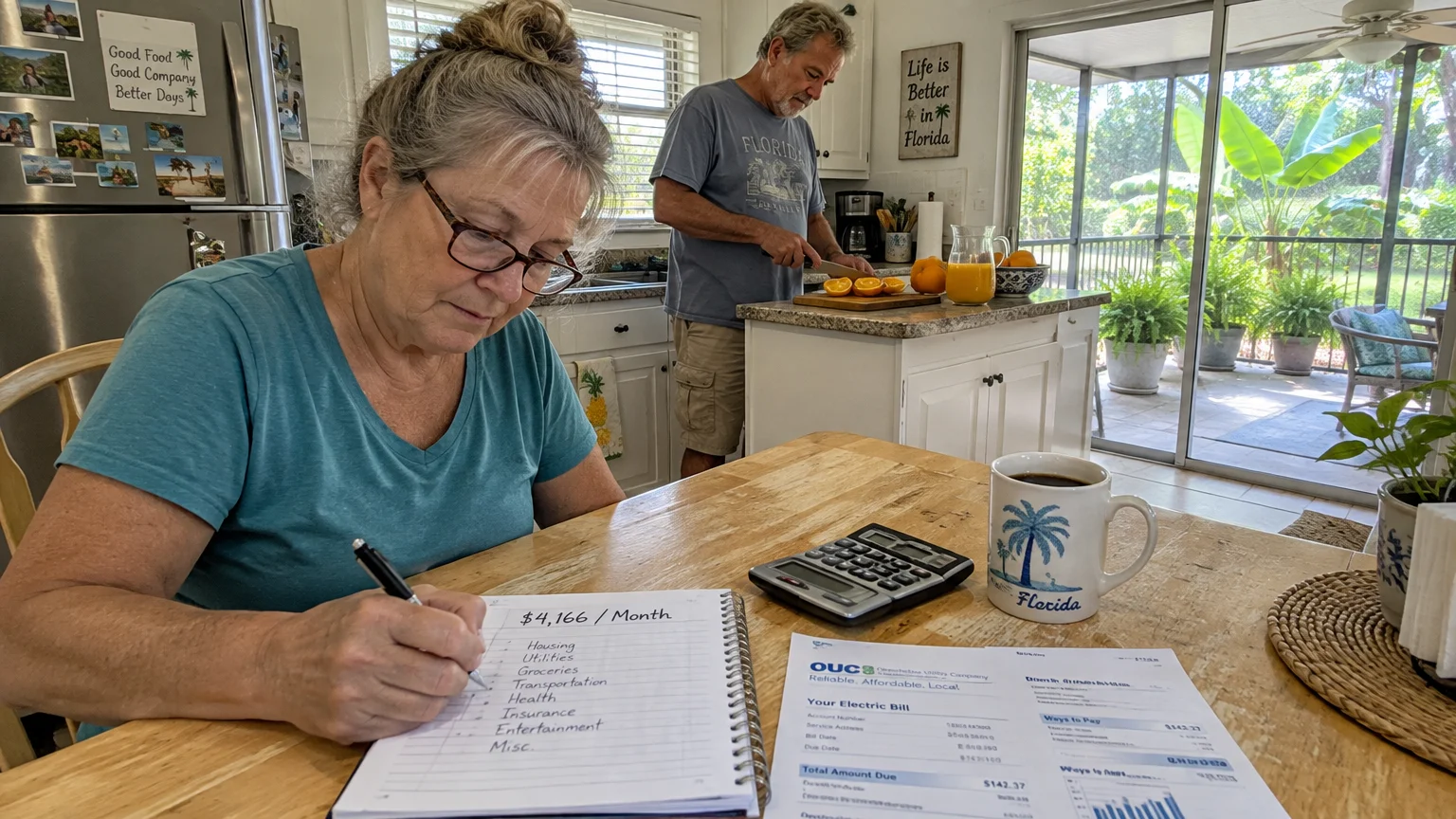 A woman writes a monthly budget in a notebook at a kitchen table while a man cuts oranges in the background.