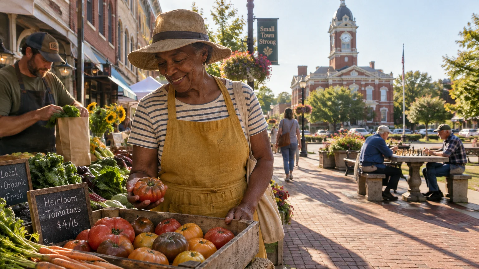 A smiling woman shopping for heirloom tomatoes at an outdoor farmers market along a brick sidewalk in a historic town square.