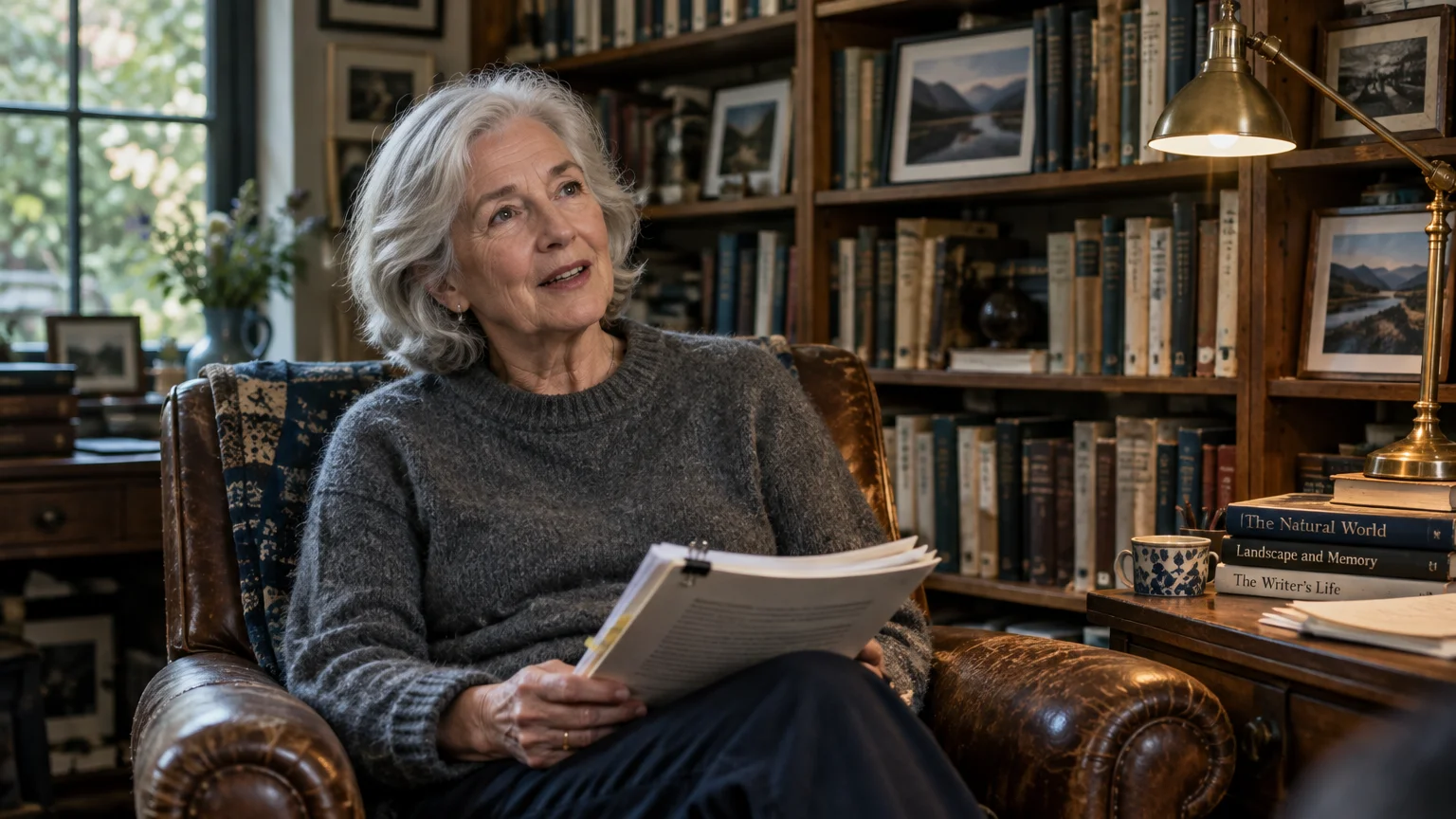 Senior woman with gray hair sitting in a leather armchair holding papers in a home library lined with bookshelves.