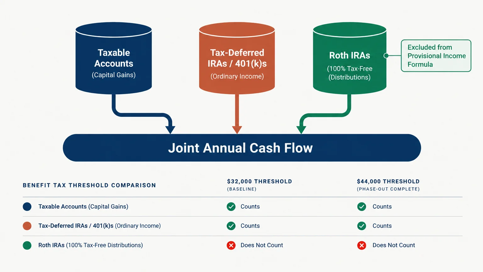 Diagram showing taxable, tax-deferred, and Roth accounts flowing into joint cash flow, with a benefit tax threshold table.