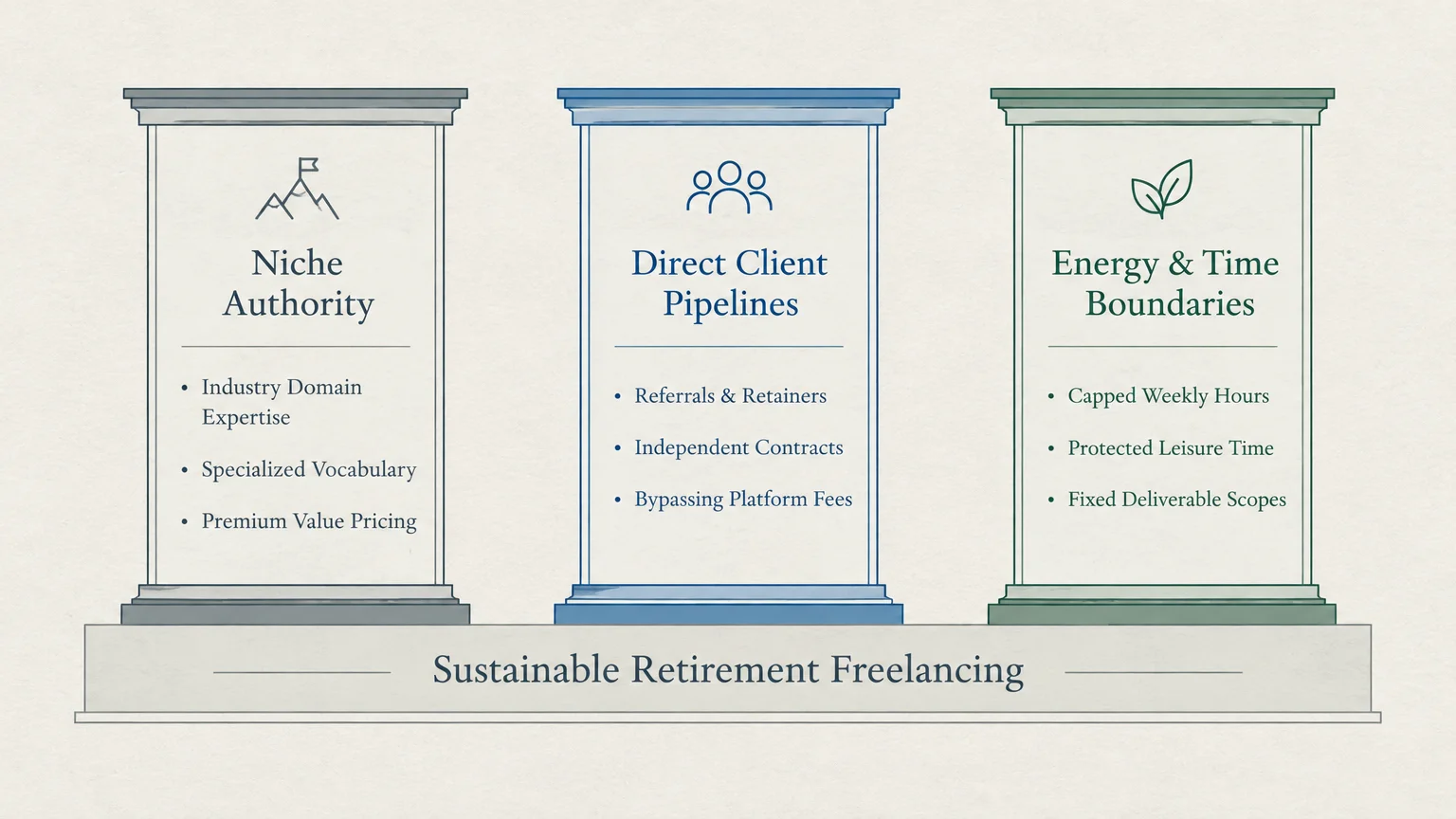Three architectural pillars labeled Niche Authority, Direct Client Pipelines, and Energy & Time Boundaries on a pedestal.