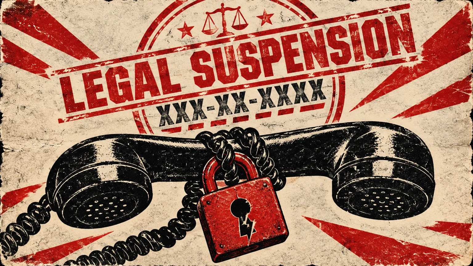 Illustration of a black telephone handset wrapped in chains with a red padlock under a Legal Suspension stamp.