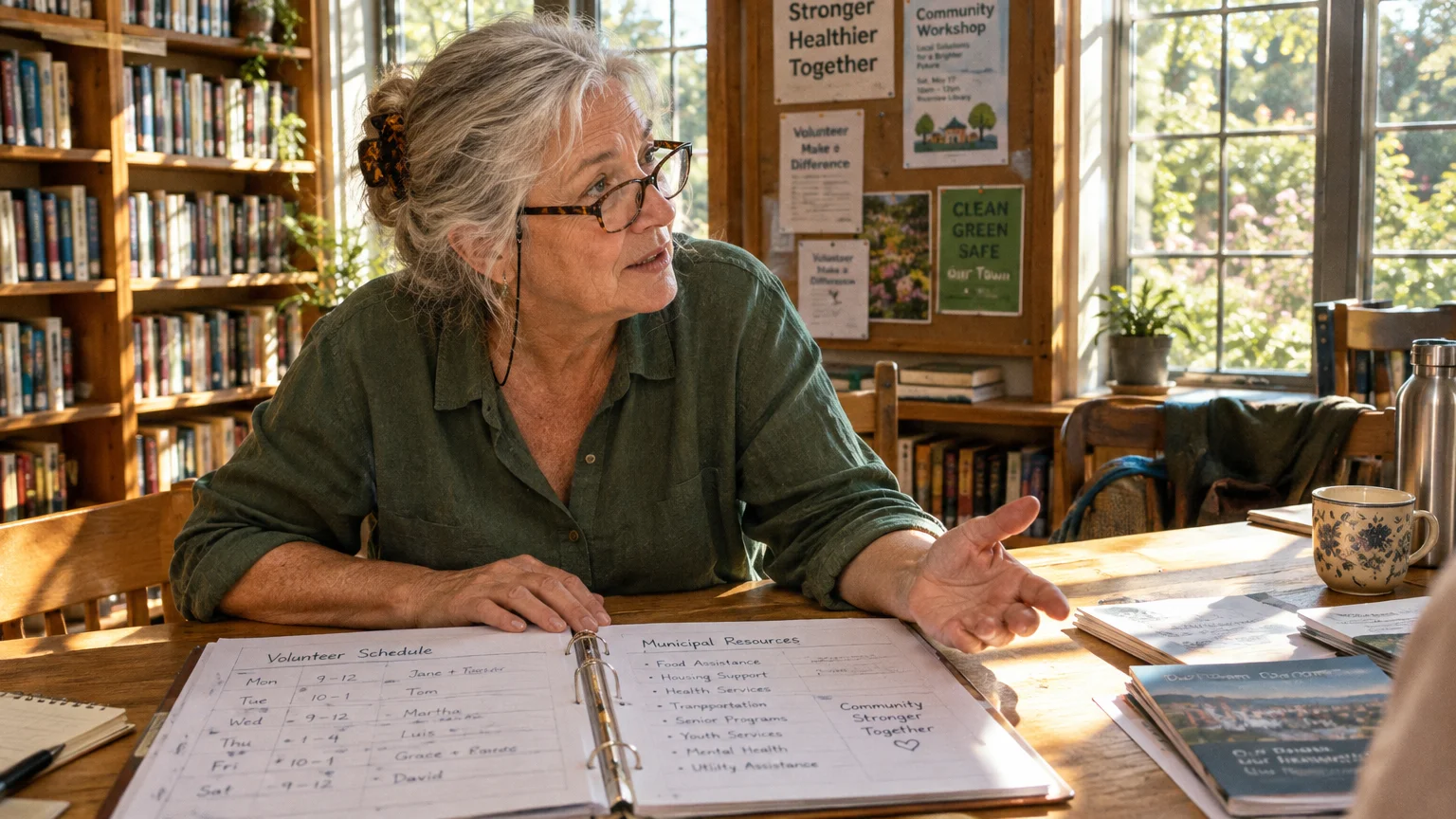 Senior woman with glasses gesturing at a wooden table open to a volunteer schedule binder in a sunlit library.