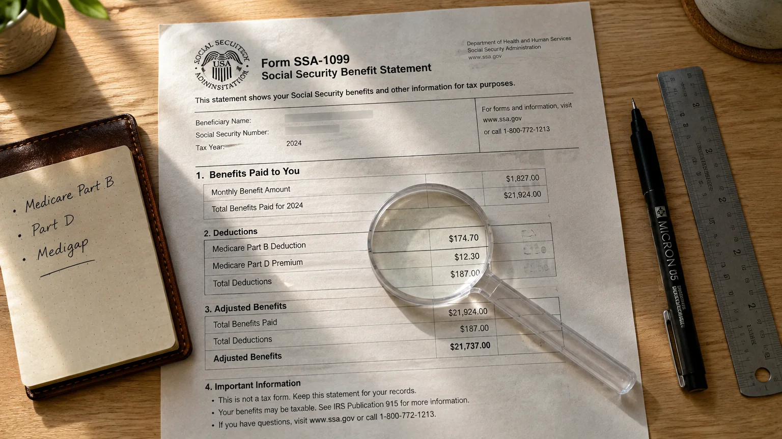 Form SSA-1099 on a desk under a magnifying glass, beside a notepad listing Medicare Part B, Part D, and Medigap.