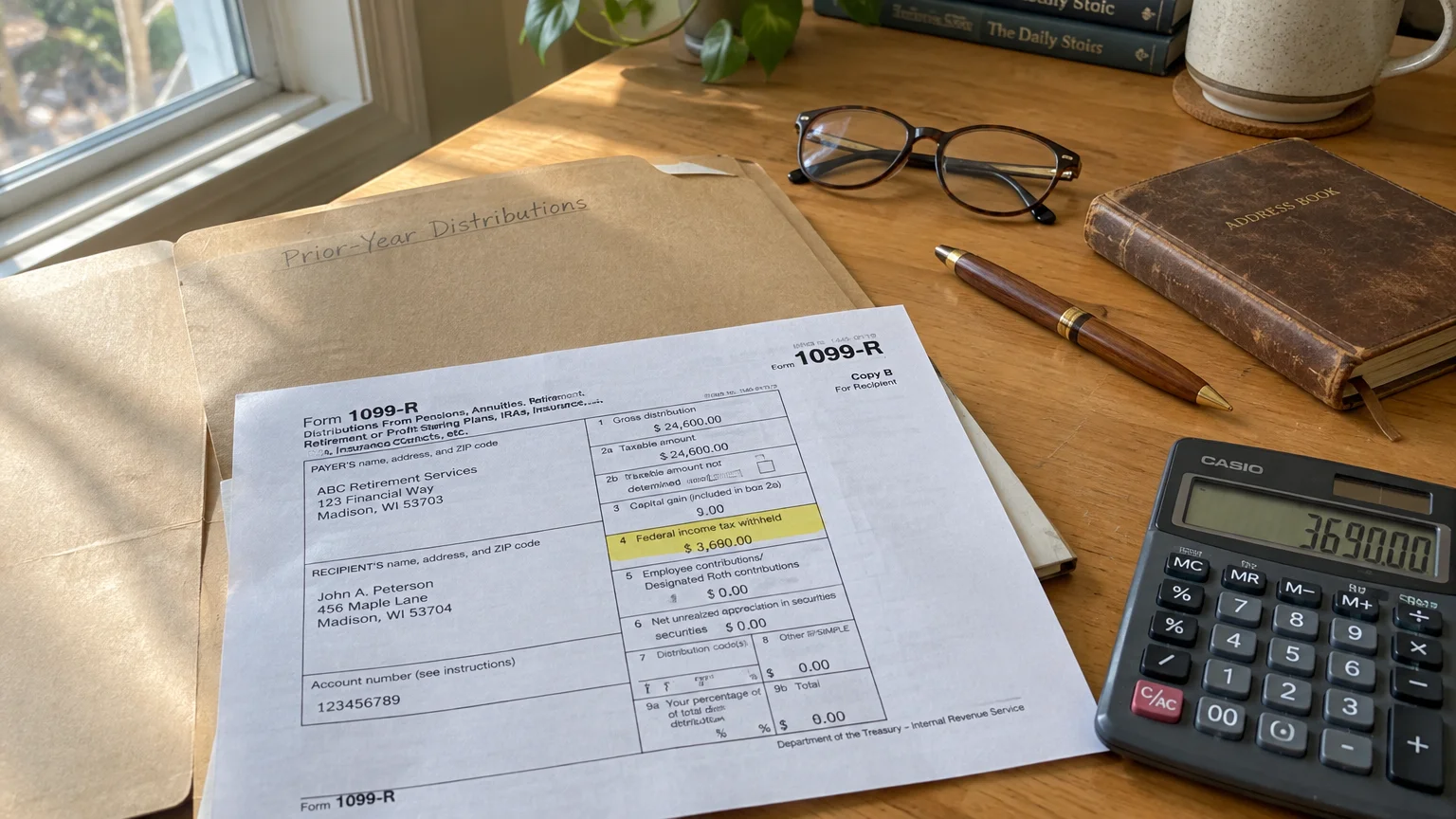 Form 1099-R with highlighted tax withholdings next to a calculator, pen, eyeglasses, and folder on a wooden desk.