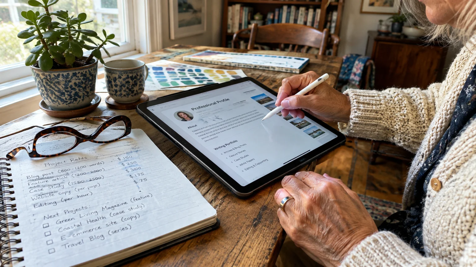 A person using a stylus on a tablet showing a professional profile, with a handwritten rate sheet nearby.