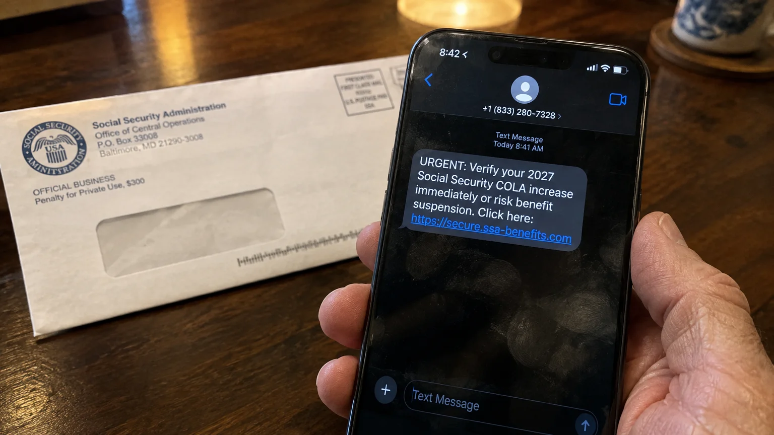 A hand holding a smartphone with an urgent text scam next to an official Social Security Administration envelope.