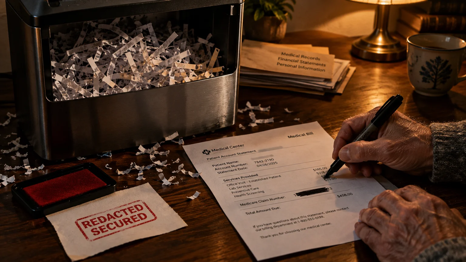 Hands redacting a medical bill with a black marker next to a paper shredder filled with shredded documents.