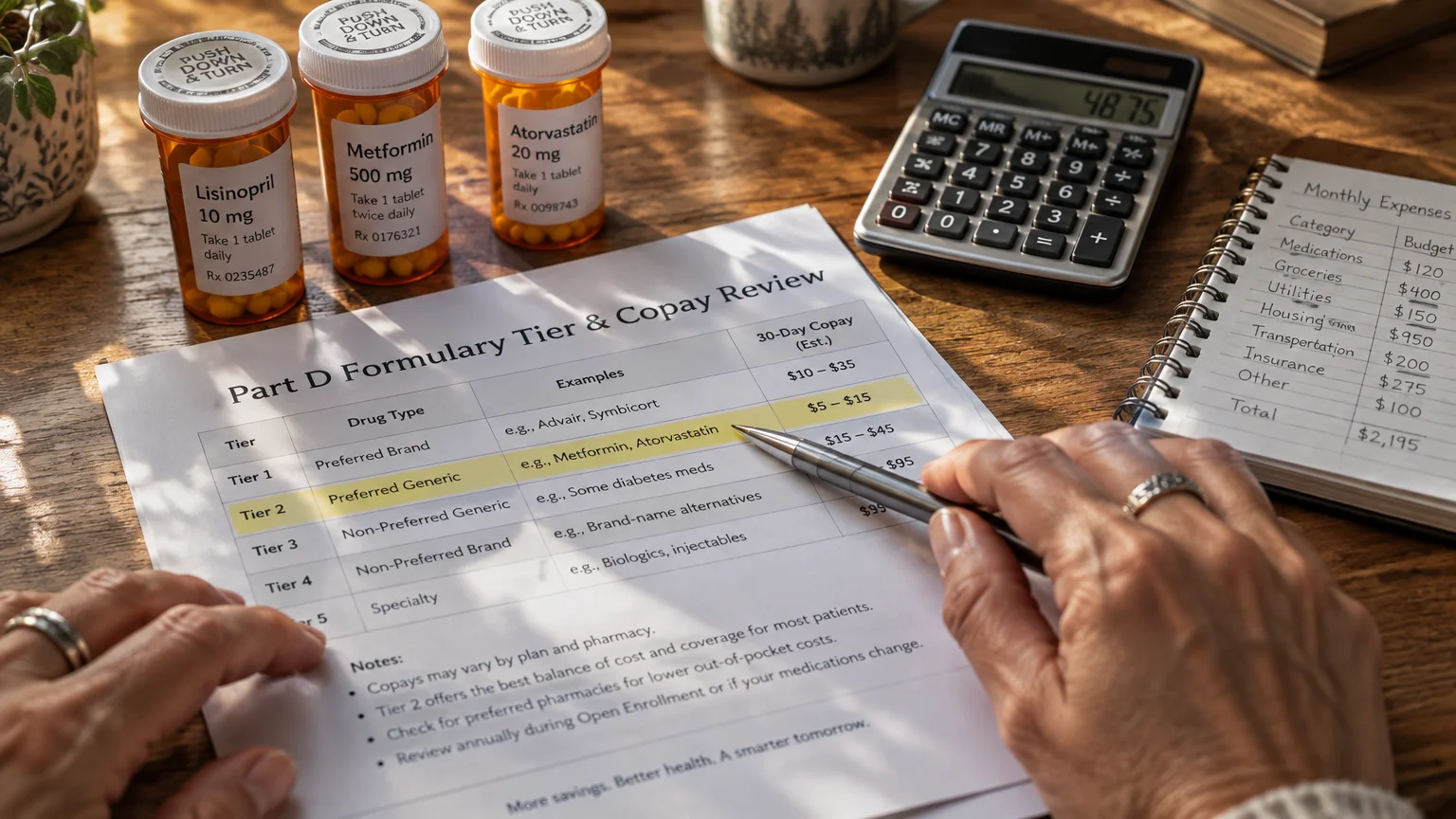 Hands reviewing a Part D formulary copay chart with a pen beside prescription bottles, a calculator, and a budget notebook.