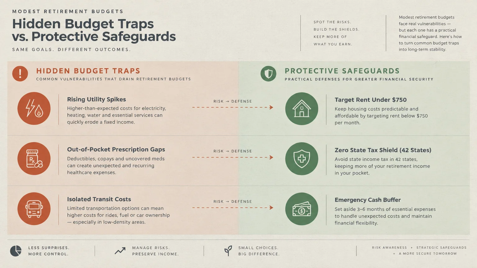 Diagram comparing three hidden budget traps in red with three protective safeguards in green for retirement budgets.