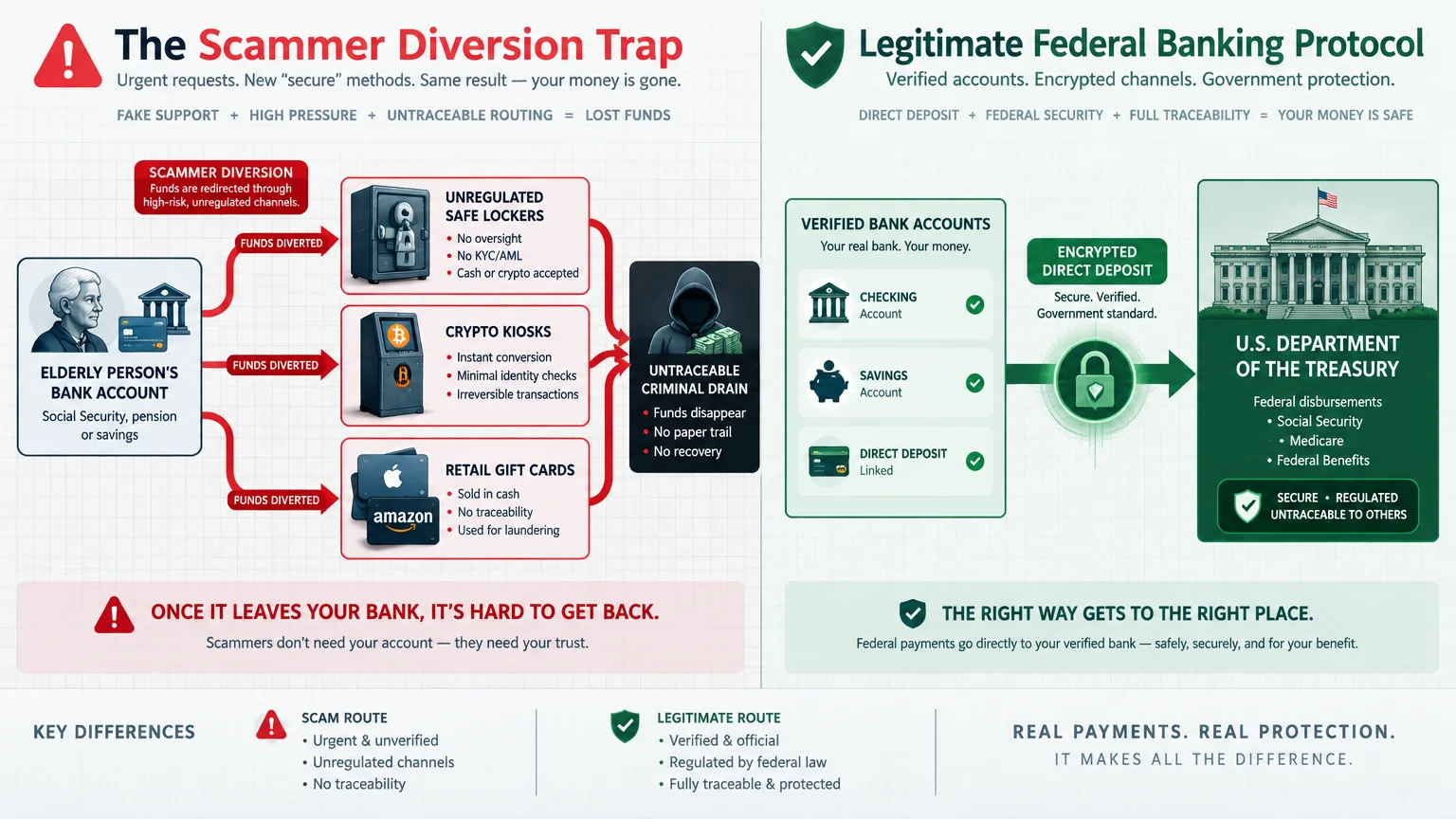 Diagram contrasting scam diversions like crypto kiosks and gift cards against legitimate federal banking direct deposits.