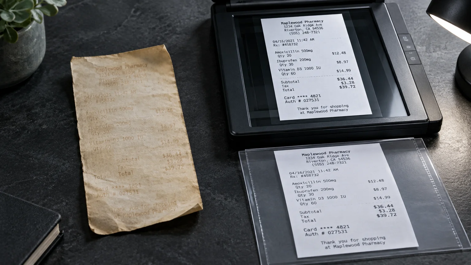 Faded paper receipt next to a flatbed scanner displaying a crisp copy, alongside a duplicate in a plastic sleeve.
