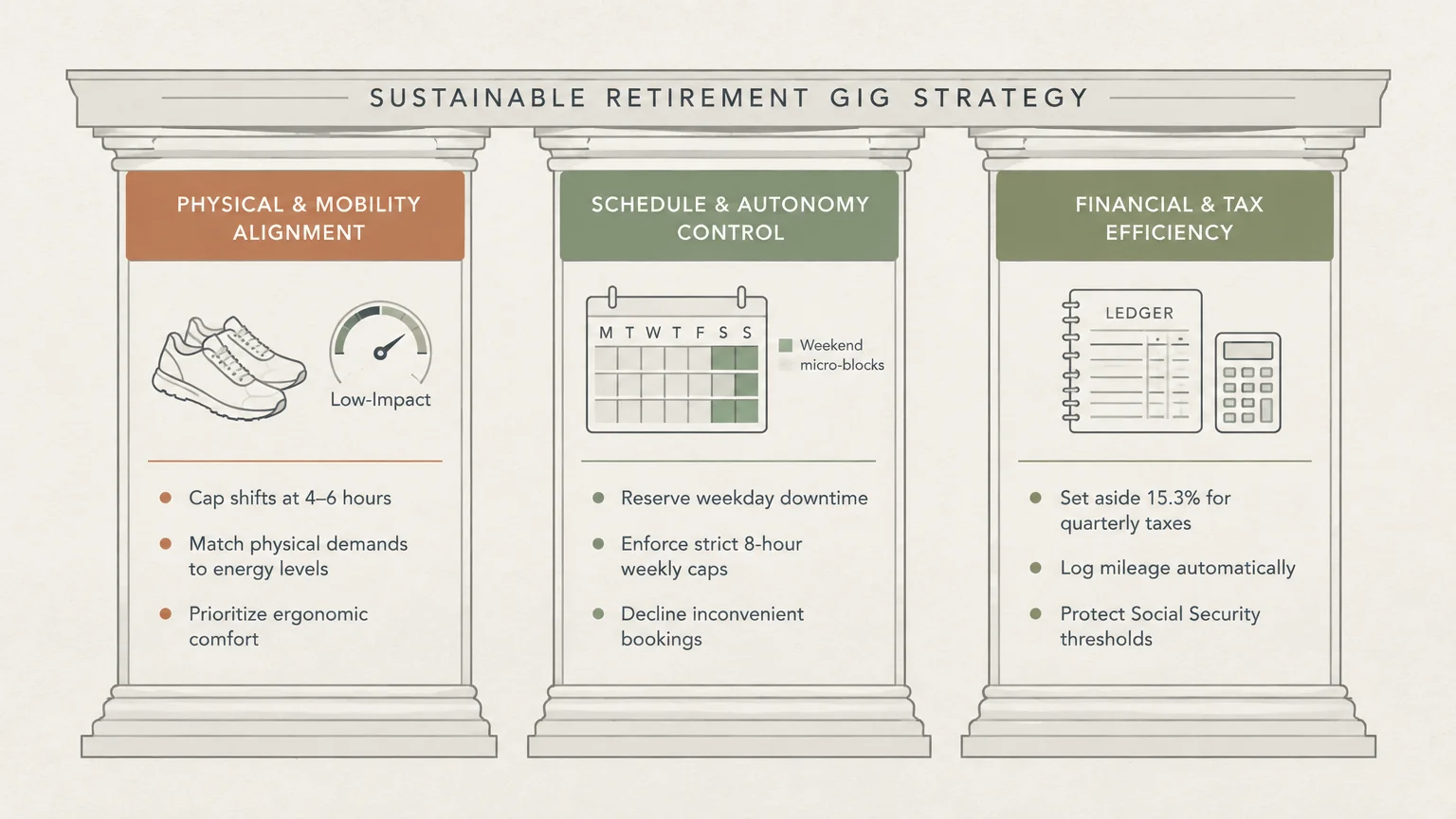 Diagram of three classical pillars outlining physical mobility, schedule autonomy, and financial efficiency for gigs.
