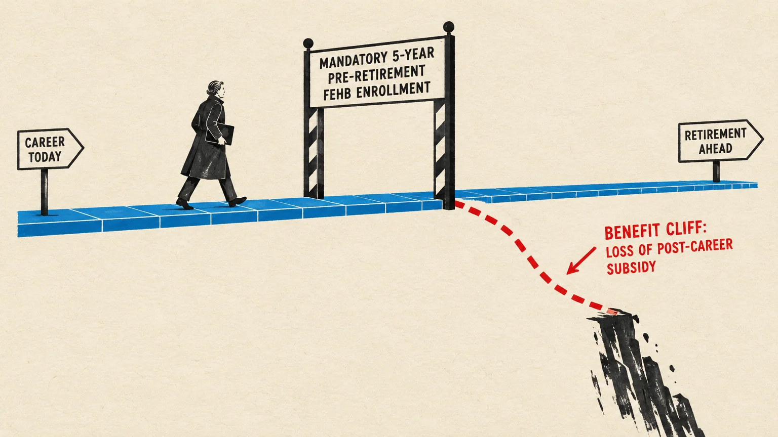 Illustration of a person walking along a path toward an FEHB enrollment sign, with a line dropping off a steep cliff.