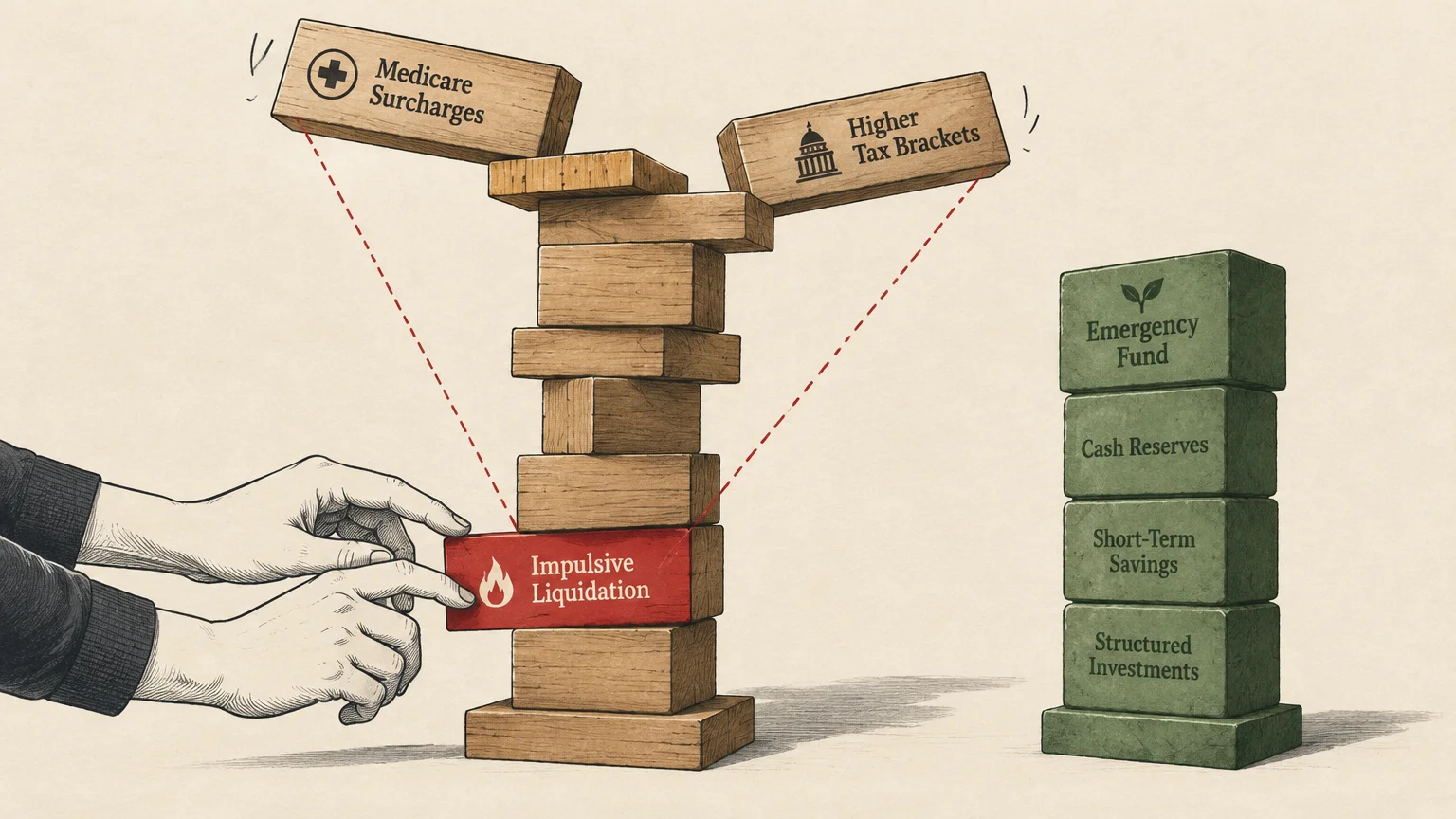 Hands pull an impulsive liquidation block from a wooden stacking game, destabilizing tax and Medicare surcharge blocks.