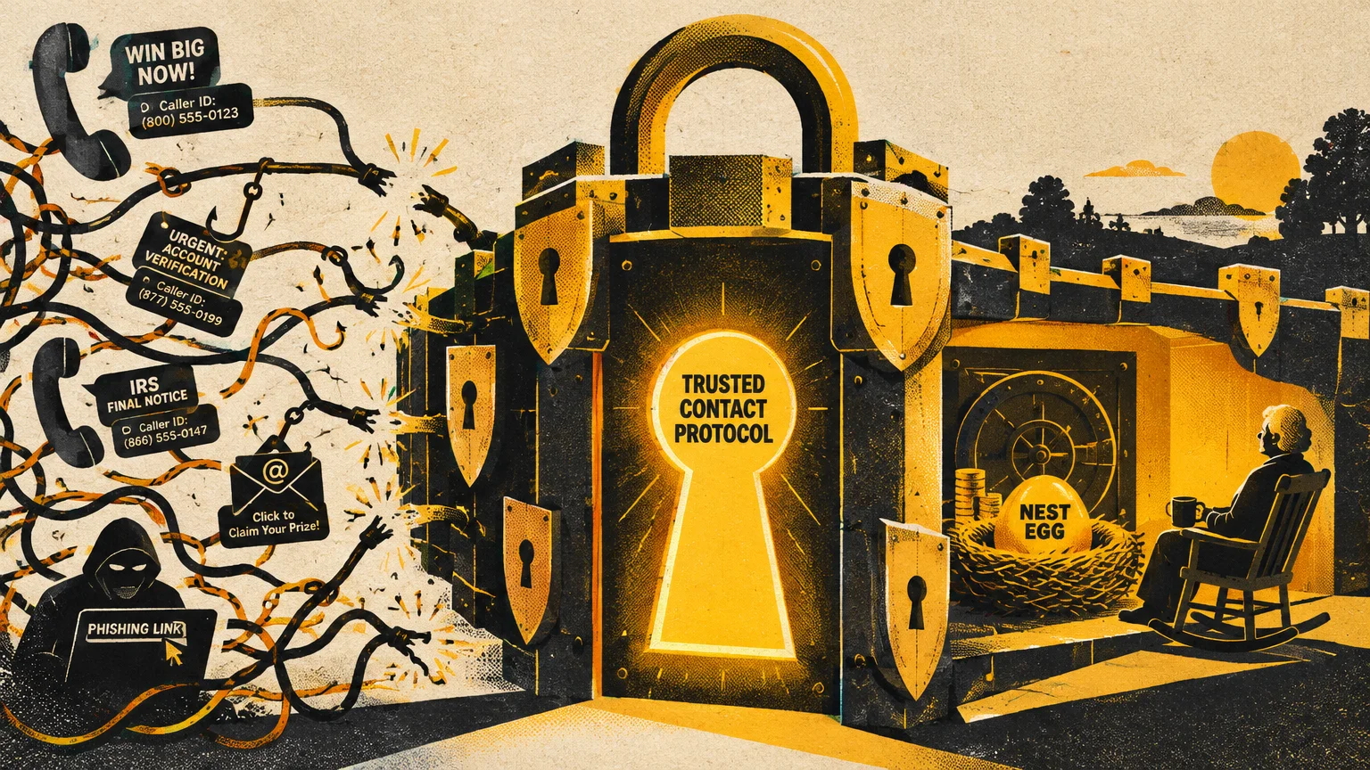 Illustration of a giant padlock blocking scam calls and phishing attempts from reaching a senior and a golden nest egg.