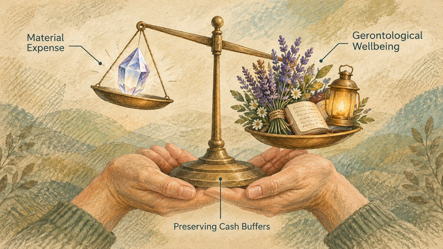 Hands hold a balance scale weighing a crystal against a bundle of flowers, an open book, and a glowing lantern.