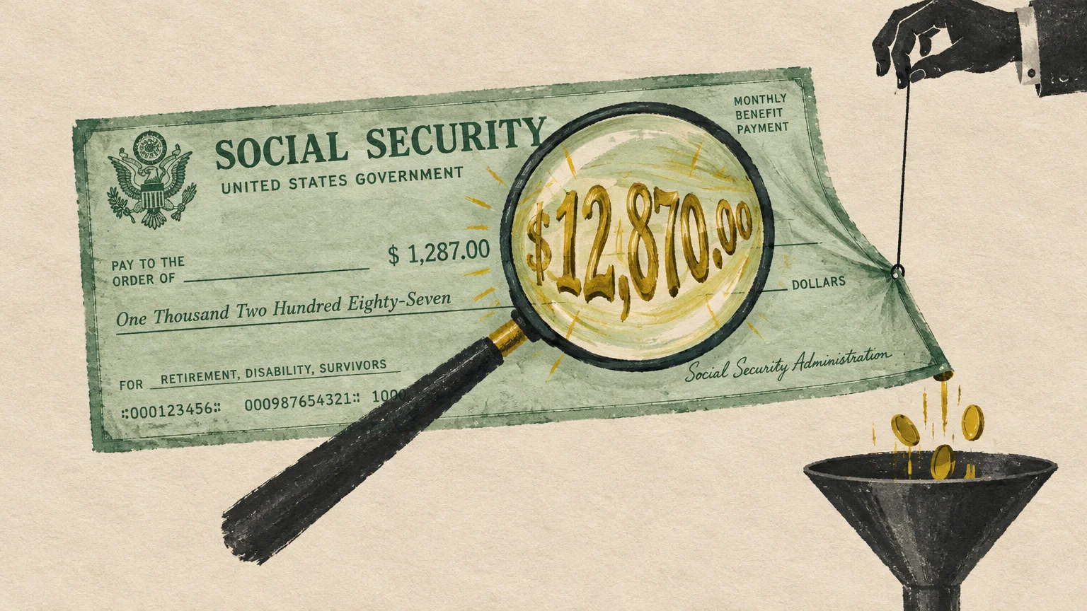 Magnifying glass over a Social Security check showing an inflated amount as coins funnel away into a trap.