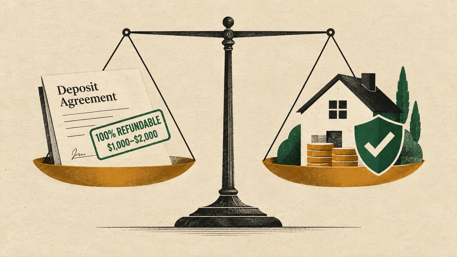 Balance scale holding a refundable deposit agreement on one side and a house with coins and a shield on the other.