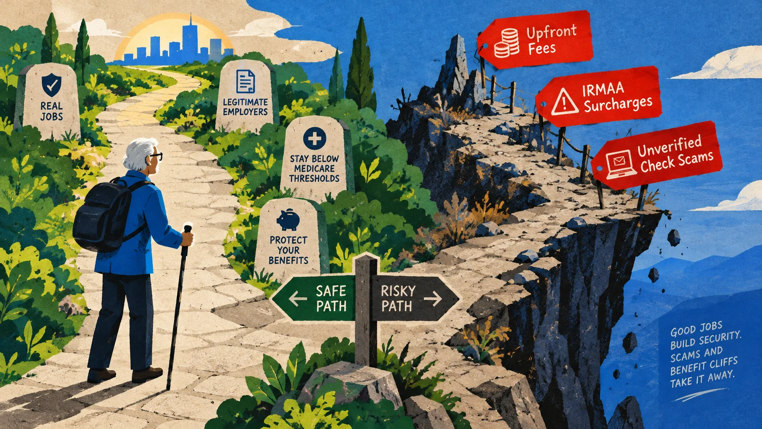 Illustration of an older hiker at a trail fork choosing between a safe path to a city and a perilous cliffside trail.