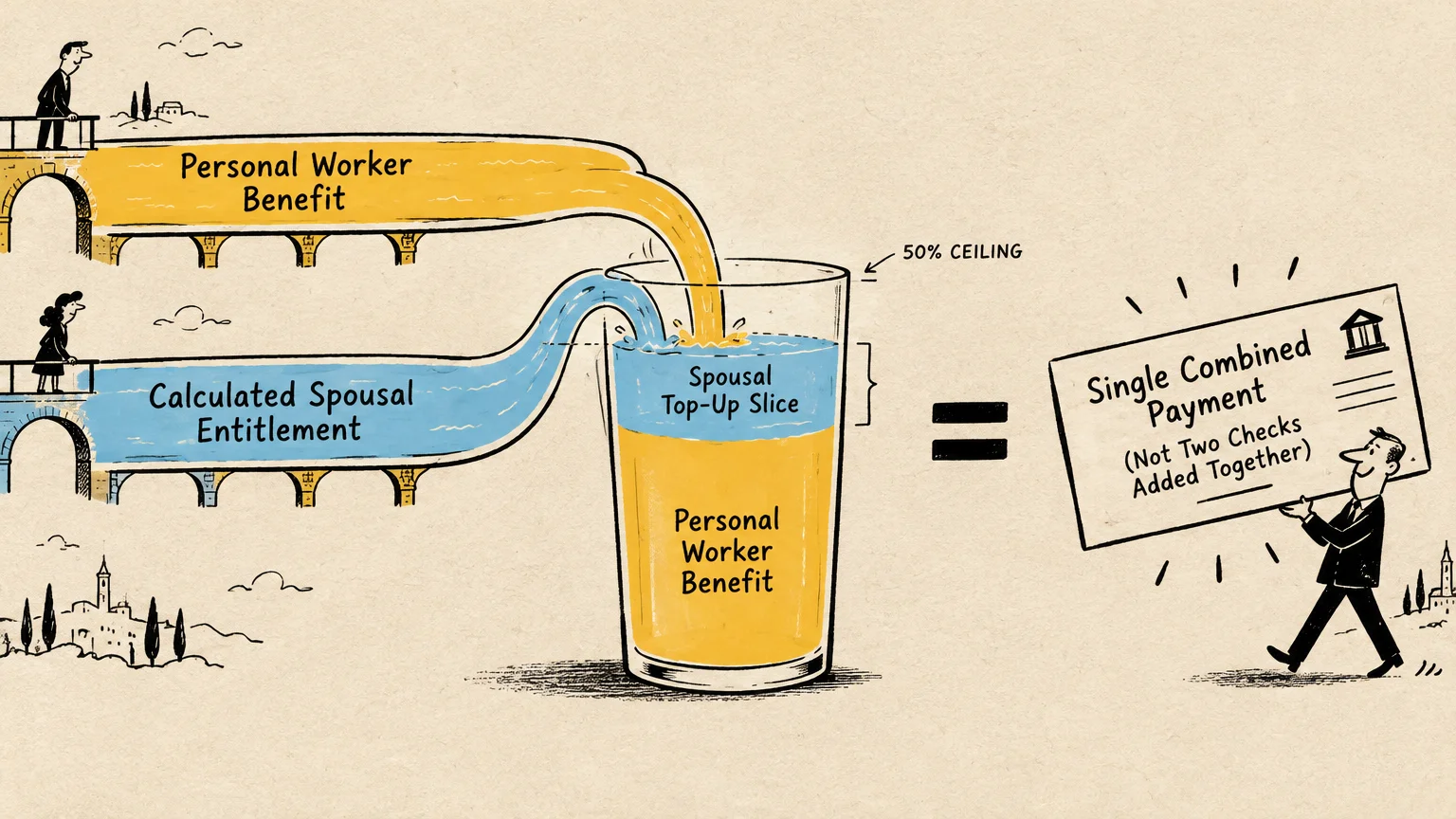 Illustration showing two streams pouring into a glass to form a single combined payment rather than two separate checks.