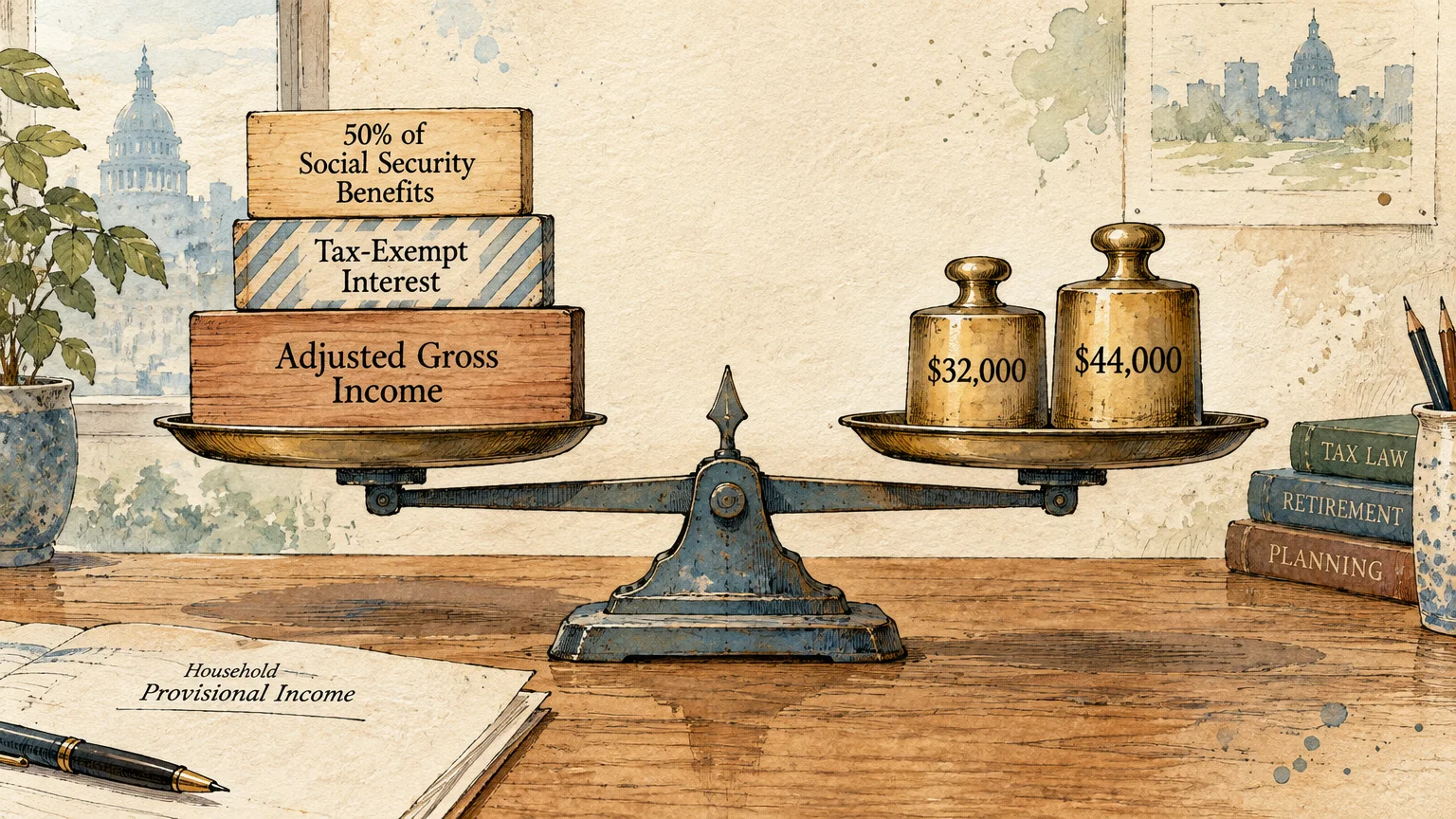 Illustration of a balance scale weighing income blocks against weights marked 32,000 dollars and 44,000 dollars on a desk.