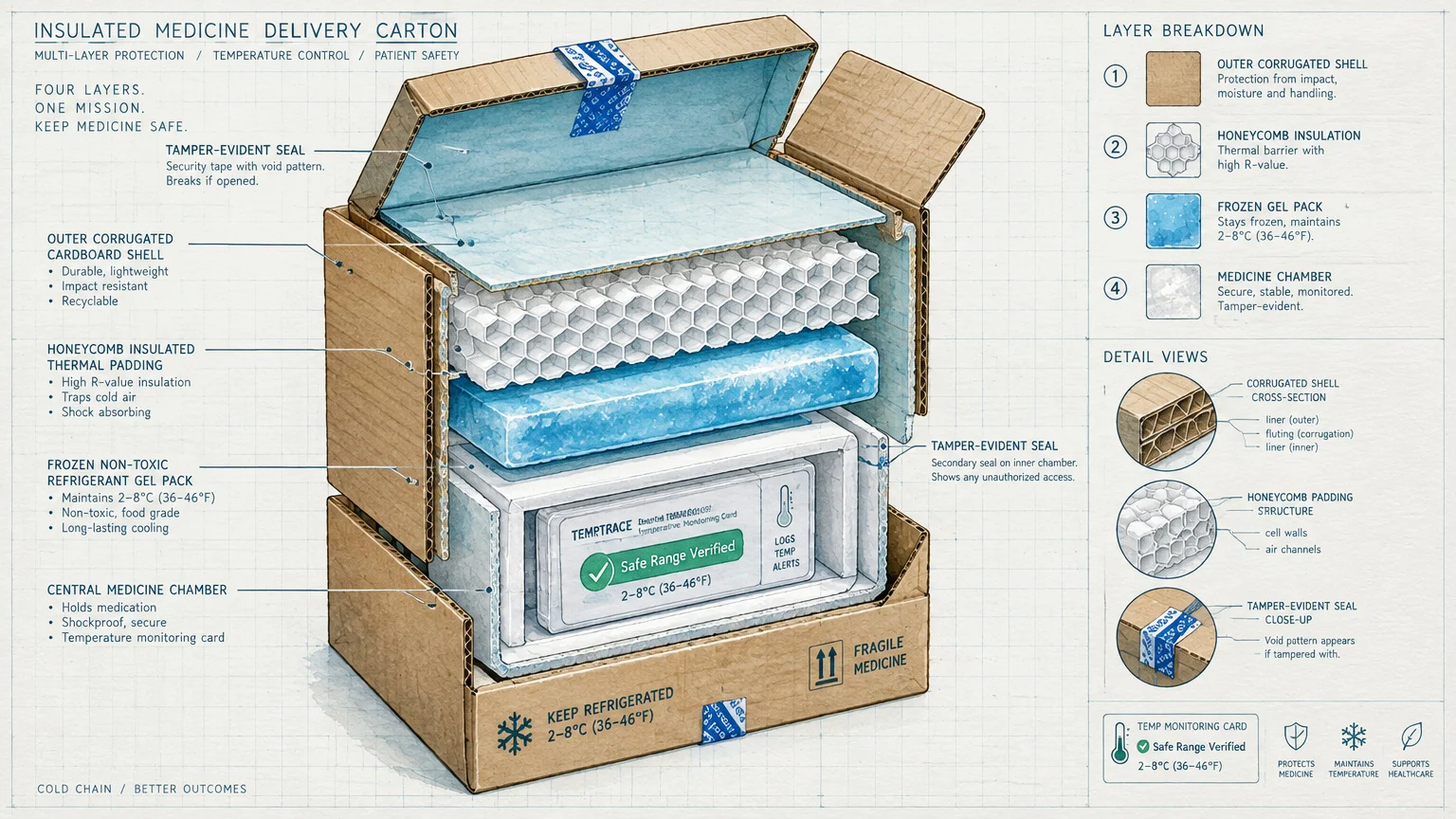 Diagram of an insulated medicine delivery box showing layers of cardboard, honeycomb padding, gel packs, and medicine chamber.