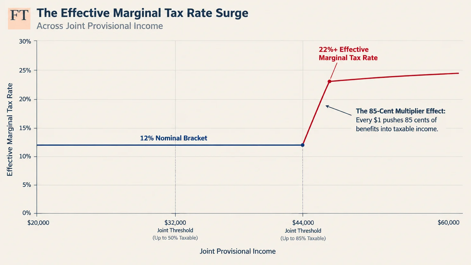 Line graph showing effective marginal tax rates spiking from 12% to over 22% once joint provisional income exceeds $44,000.