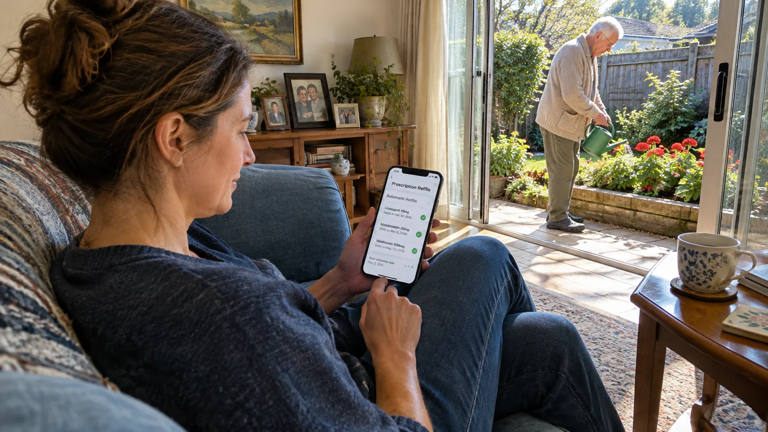 A woman on a couch checks prescription refills on her phone while an elderly man waters plants in the garden outside.