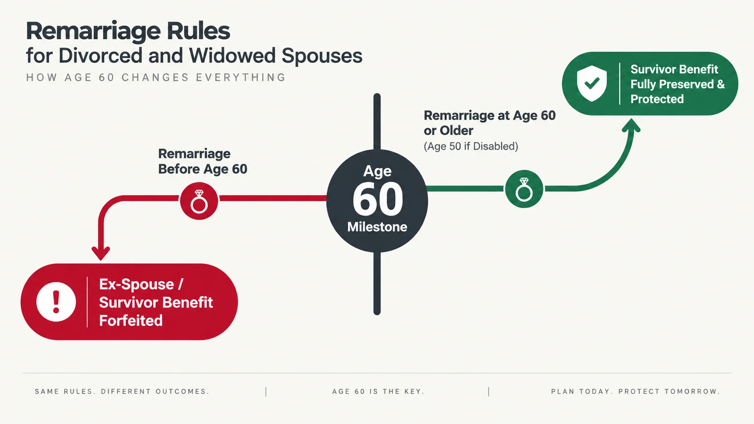 Diagram showing how remarrying before age 60 forfeits survivor benefits, while remarrying at age 60 or older preserves them.