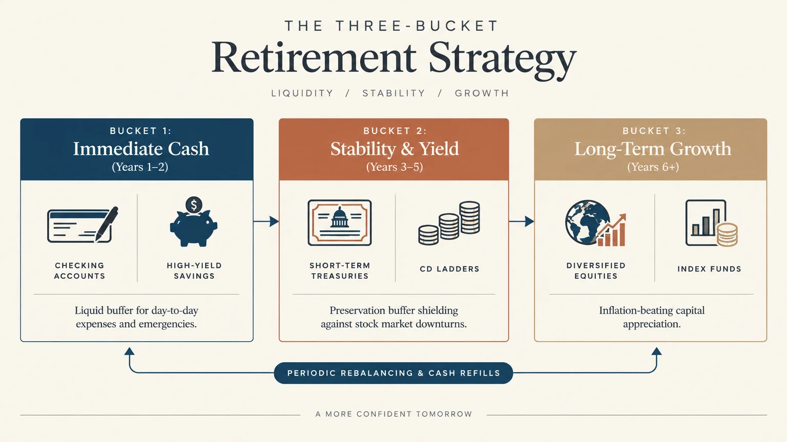 Diagram outlining the three-bucket retirement strategy showing immediate cash, stability and yield, and long-term growth.