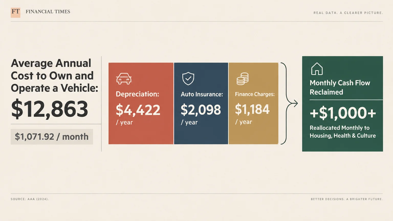 Diagram showing average annual vehicle ownership costs of $12,863, breaking down depreciation, insurance, and finance charges.