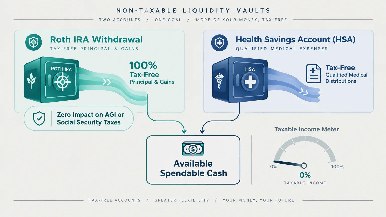Diagram showing Roth IRA and HSA vaults feeding into available spendable cash alongside a zero percent taxable income meter.