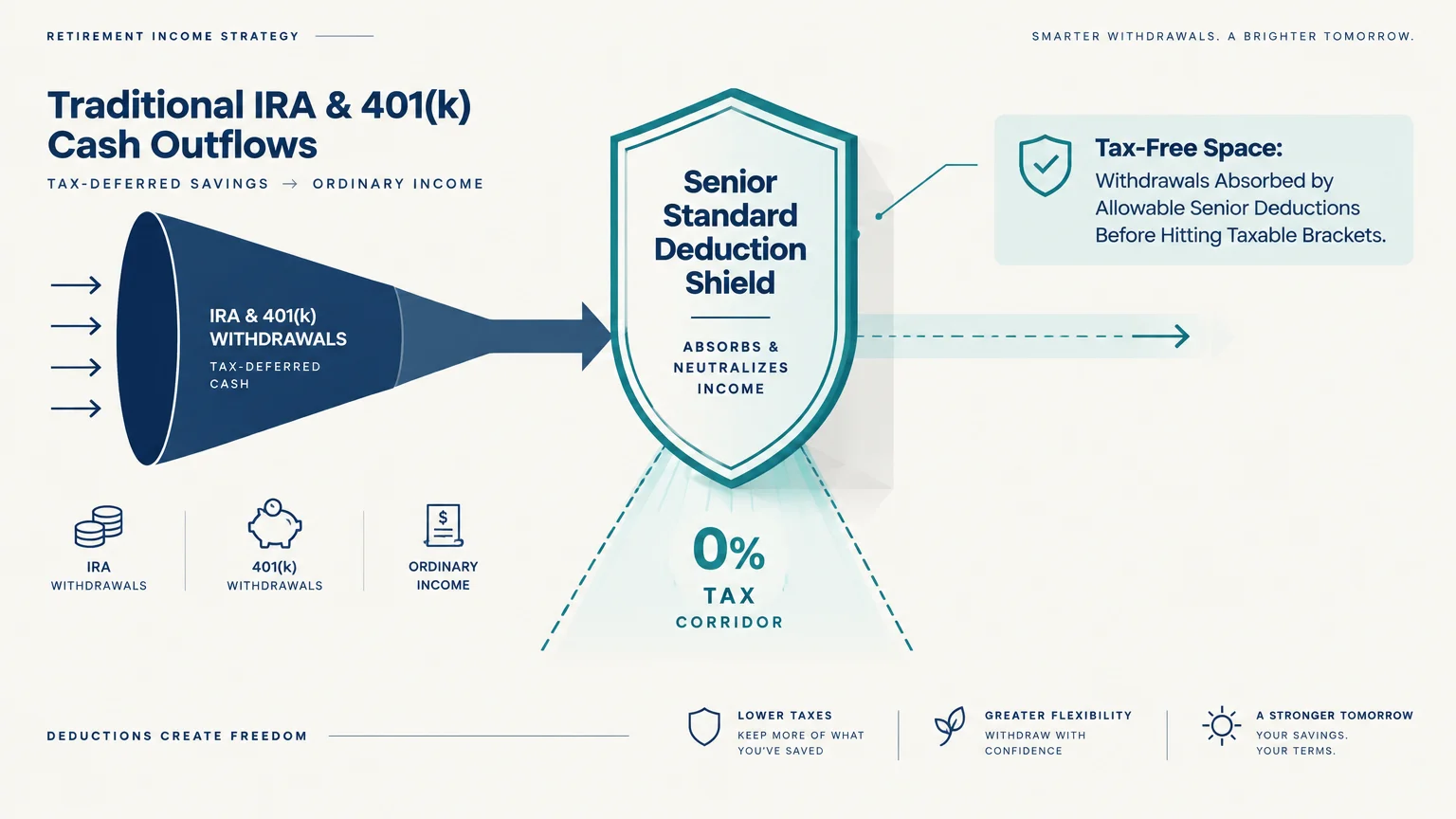 Diagram showing IRA and 401k withdrawals funneling into a deduction shield above a zero percent tax corridor.