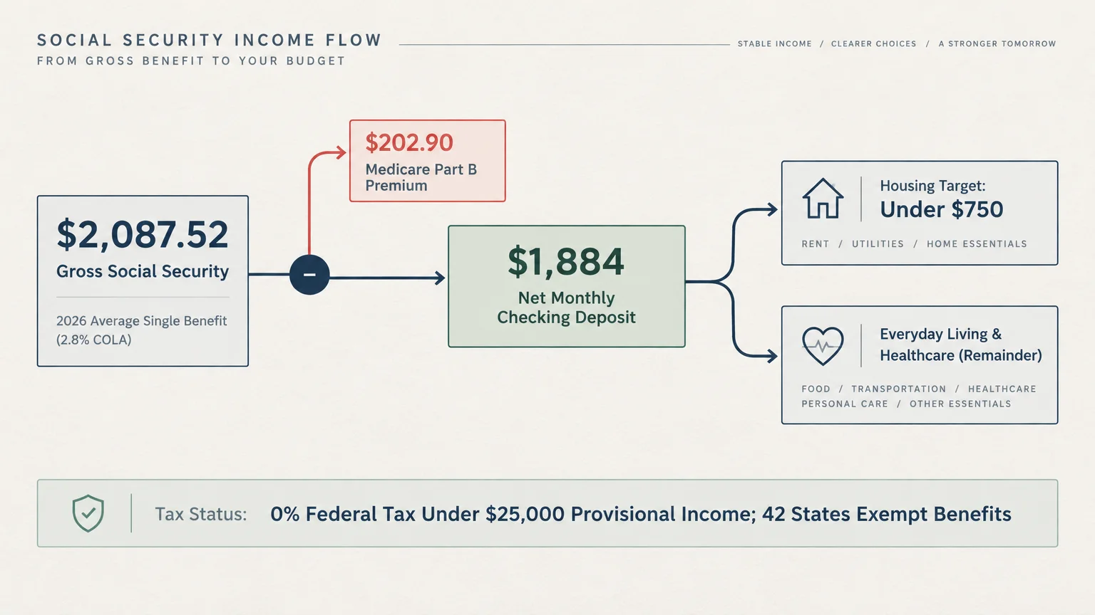 Flowchart showing $2,087.52 gross Social Security minus $202.90 Medicare Part B premium leaving a $1,884 net deposit.