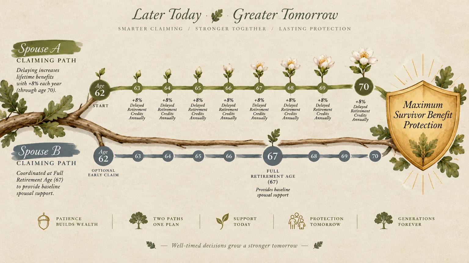 Infographic of two spousal claiming timelines along tree branches leading to a golden survivor benefit shield.