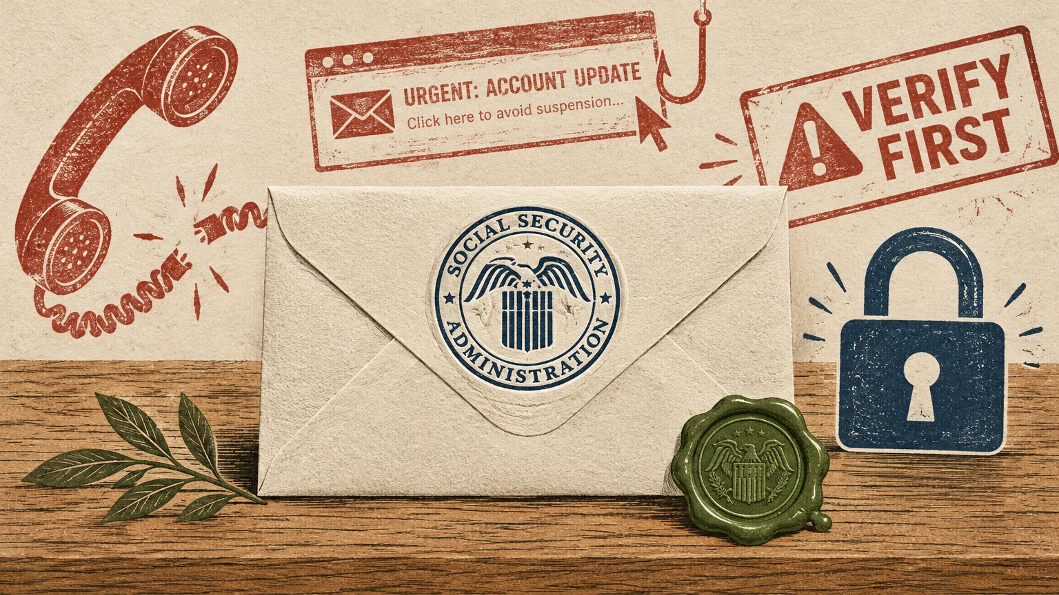 Illustration of a Social Security envelope beside scam warning symbols, a padlock, and a broken phone receiver.
