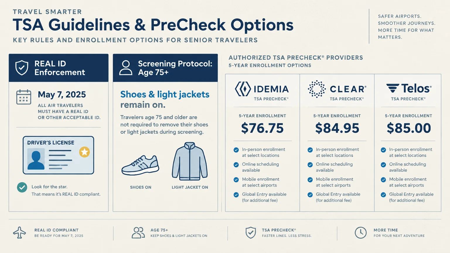 Infographic detailing REAL ID requirements, TSA screening protocols for travelers age 75 and older, and PreCheck providers.