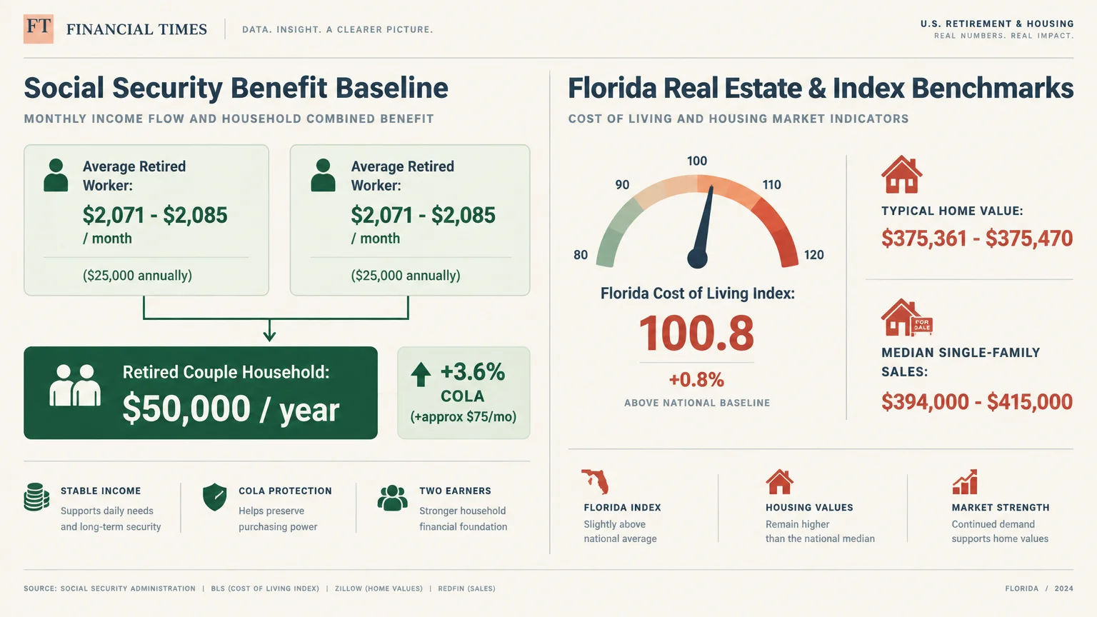 Infographic showing Social Security benefits combining to $50,000 annually alongside Florida cost of living benchmarks.