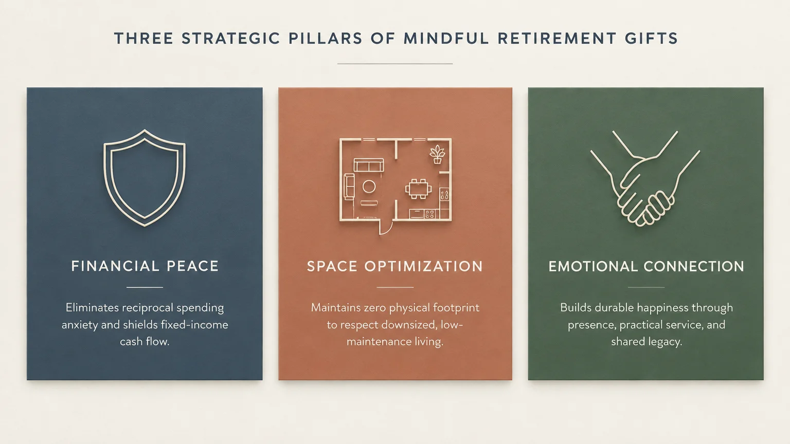 Three panels showing icons and text for Financial Peace, Space Optimization, and Emotional Connection.