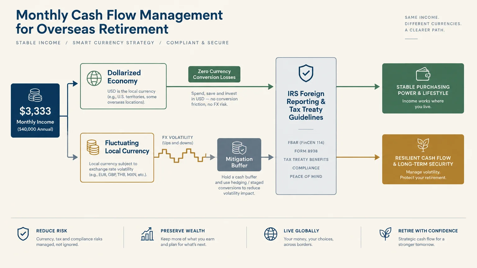 Diagram comparing dollarized economies and fluctuating local currencies for overseas retirement cash flow management.