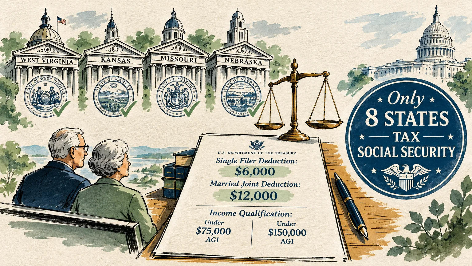 Illustration of state capitols, tax forms, a senior couple, scales of justice, and an "Only 8 States Tax Social Security" seal.