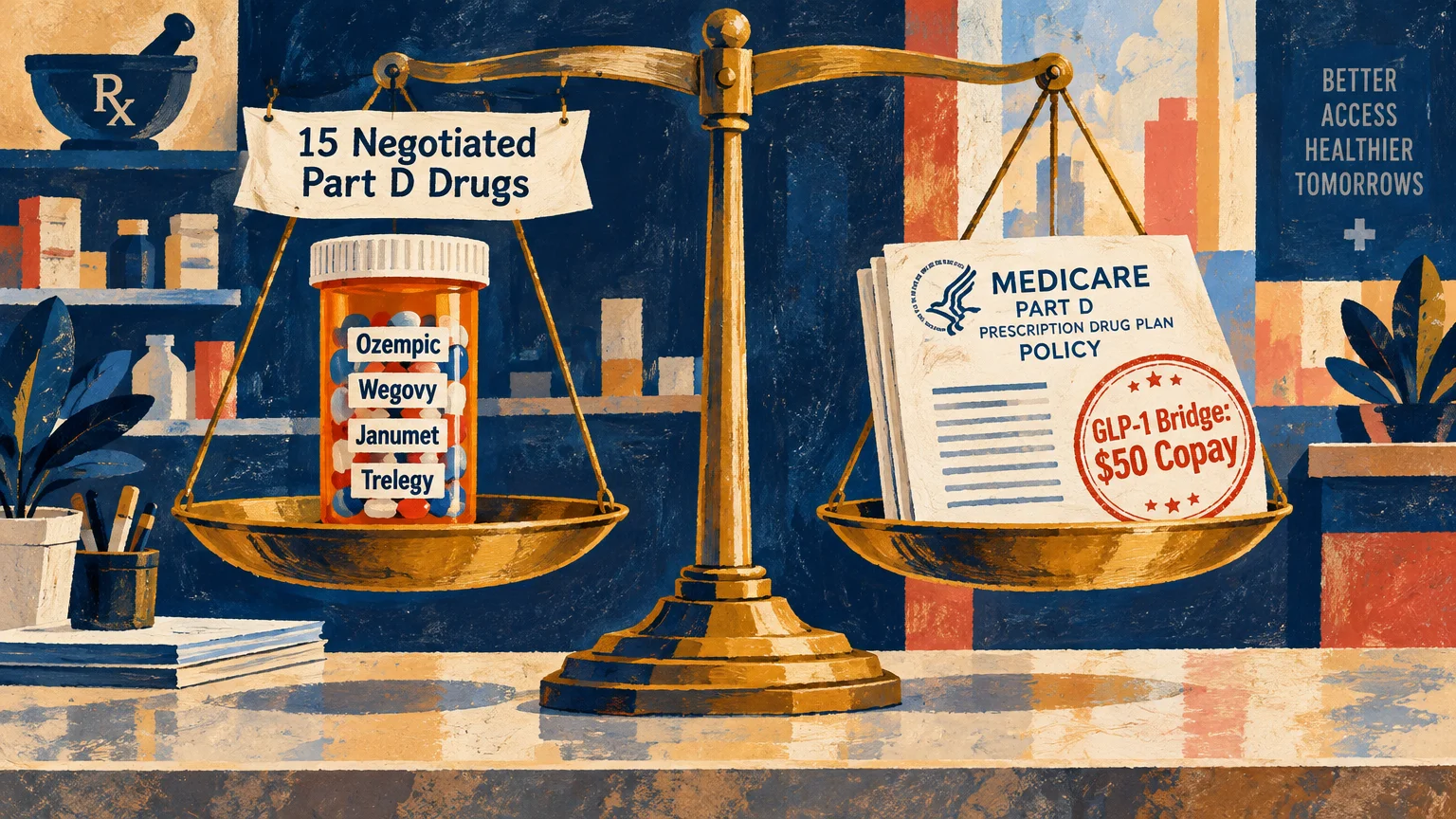 Illustration of a balance scale with a pill bottle on one side and a Medicare Part D policy paper on the other.