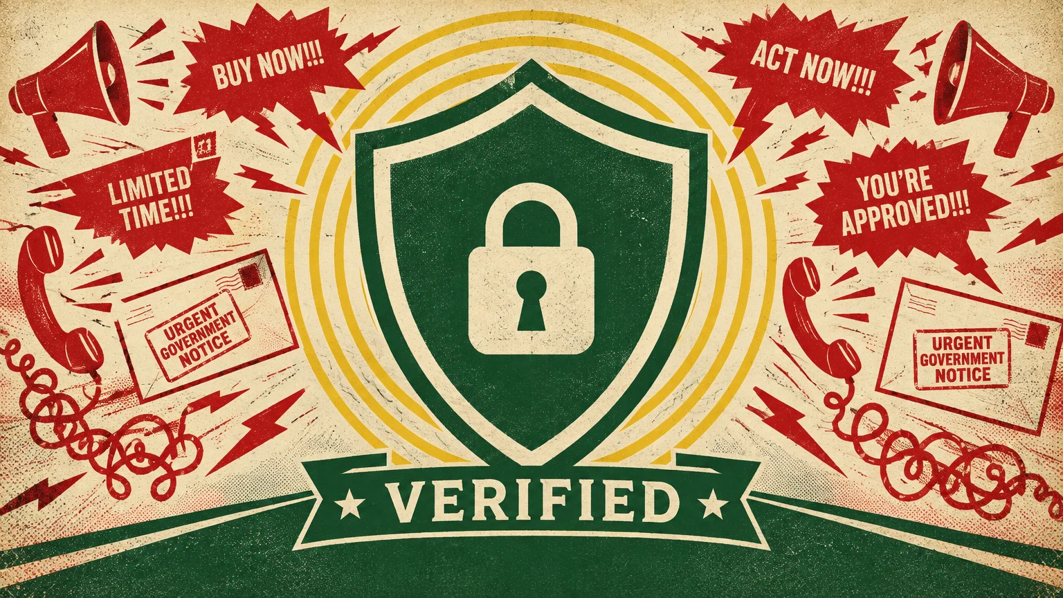 Retro illustration of a green security shield with a padlock surrounded by red megaphones, telephones, and scam notices.