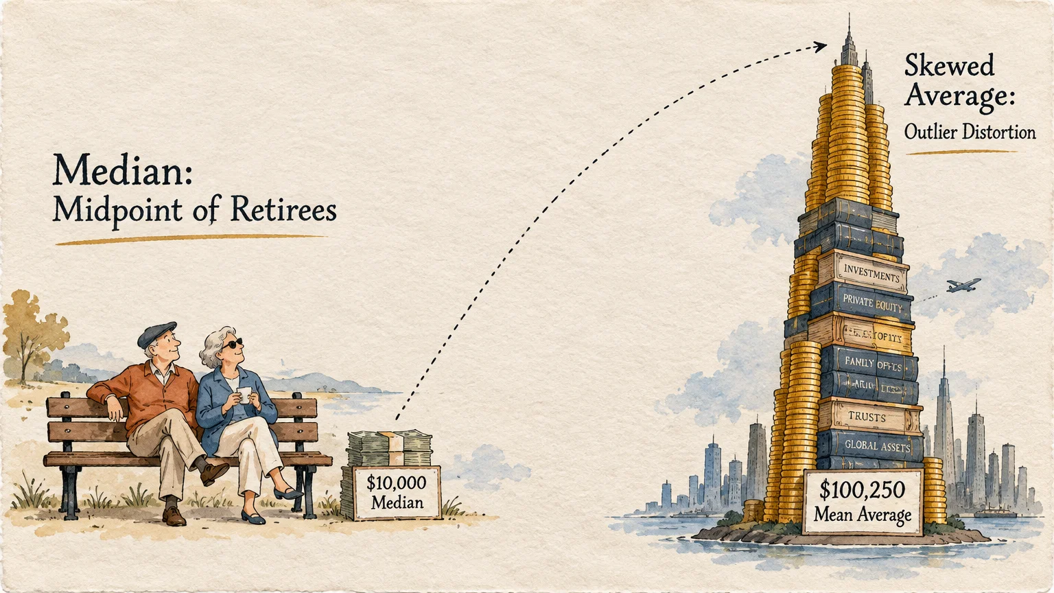 An older couple sits by a $10,000 cash stack, looking toward a giant tower of coins and books labeled mean average.