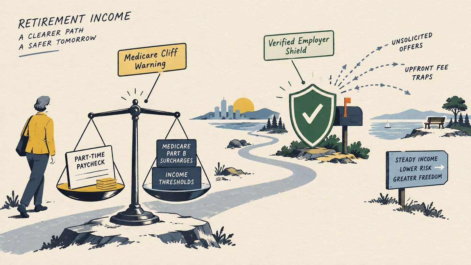 Illustration of a woman walking along a path featuring a scale balancing paychecks against Medicare surcharges.