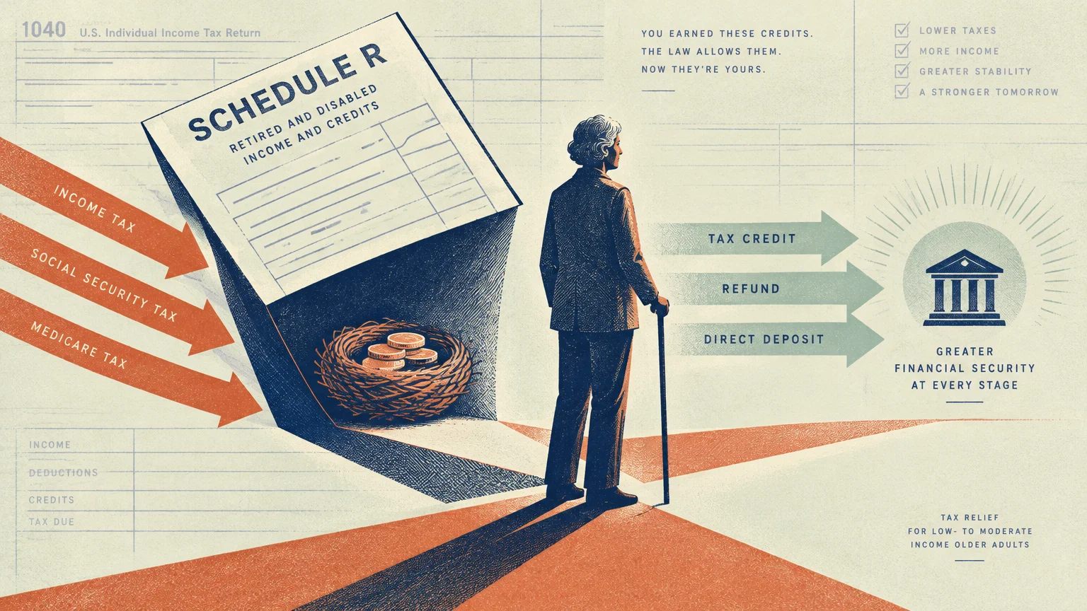 Illustration of an older person with a cane standing before a large Schedule R tax form shielding a nest of gold coins.